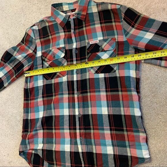 TRUE Religion red teal plaid check flannel fleece button down shirt size 8 - Picture 9 of 9